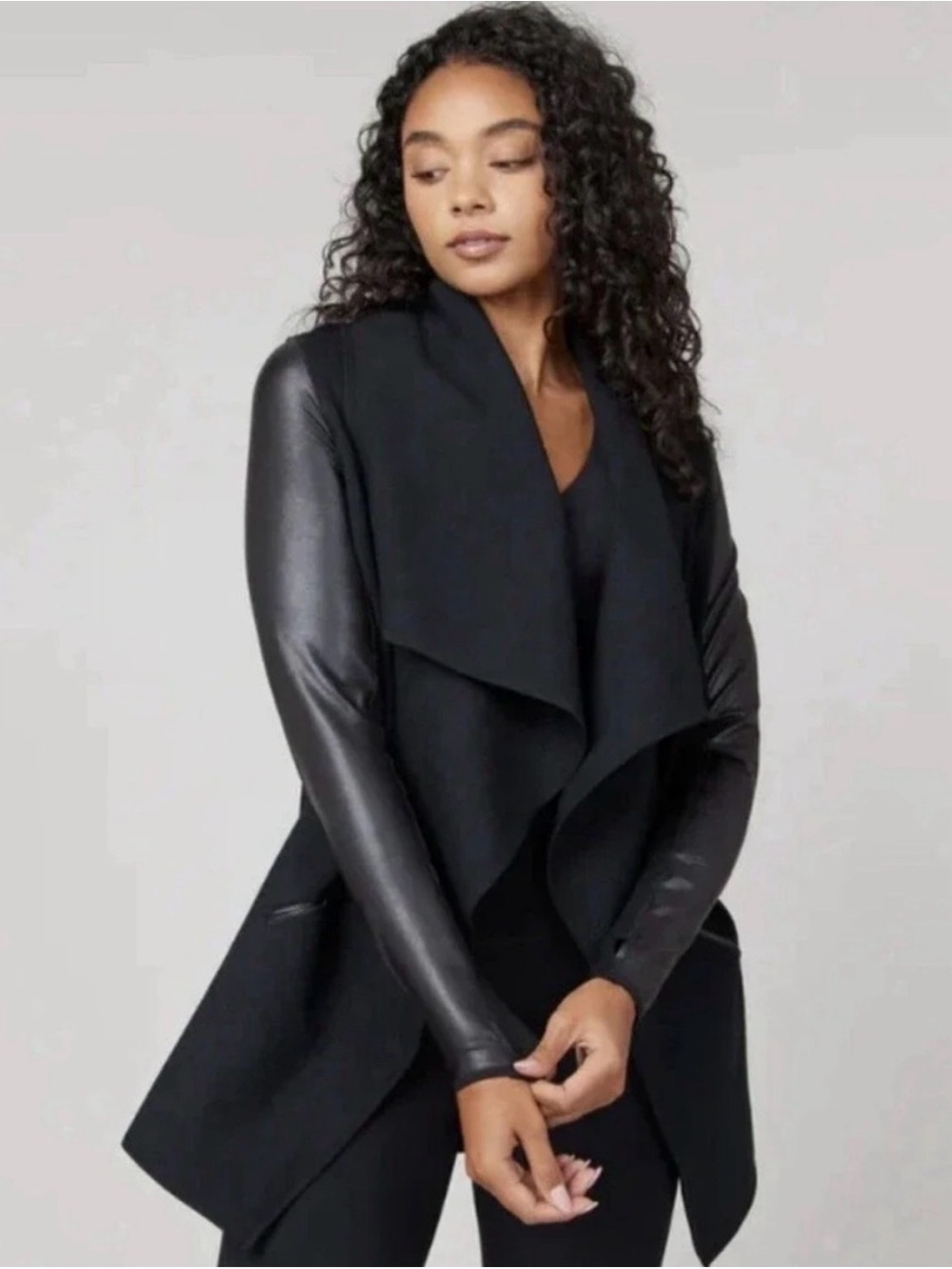 SPANX Black Draped Open-Front Jacket with Faux Leather Sleeves - Picture 9 of 9